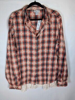 198-Emma G Plaid Button-Up Shirt with Lace Hem